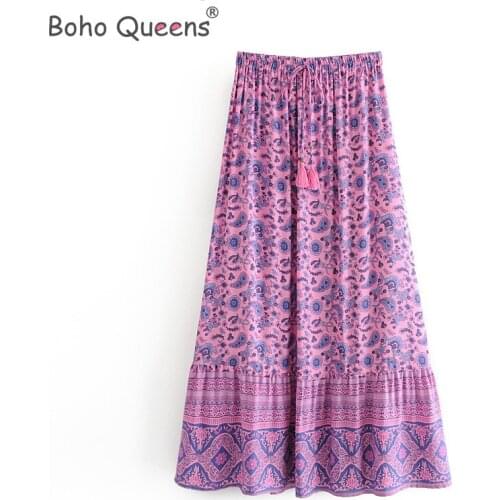 Boho Queens fashion women beach Bohemian floral print pleated rayon skirt elestic High Waist Maxi A-Line Skirt Femme
