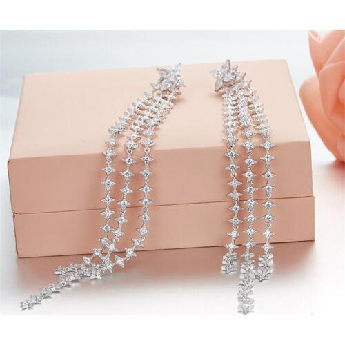 SLJELY Fine Designer 925 Sterling Silver Cubic Zirconia Star Tassel Long Earrings Women Fashion Wedding Party Brand Jewelry