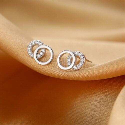 925 Sterling Silver Double Circle Charm Piercing Stud Earring For Women Jewelry Pendientes Accessories eh725
