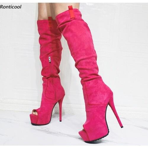 Ronticool Handmade Women Spring Knee Boots Side Zipper Stiletto Heels Peep Toe Beautiful 7 Colors Dress Shoes Plus Size 35-52