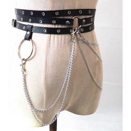 Sexy Pub Female Leather Skirt Belts Punk Gothic Rock Harness Waist Metal Chain Body Bondage Hollow Belt Accessories for Lady