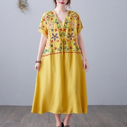 2021 New Arrival Short Sleeve Loose Summer Dress Cotton Linen Fashion Embroidery Holiday Travel Casual Dress Women Vintage Dress