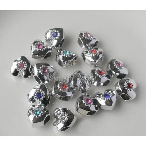 Free Shipping 50pcs color retention heart silver plated alloy mix color rhinestone big hole beads for bracelet DIY