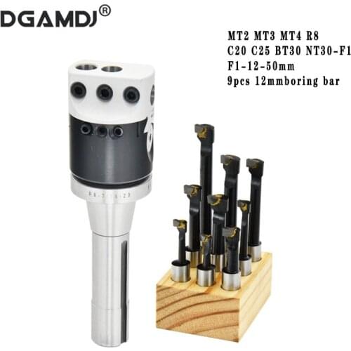 Free shipping MT2 MT3 MT4 R8 C20 C25 Morse taper BT30 NT30 lathe tool holder+F1 12 50 mm boring head+9pcs 12mm boring bar set