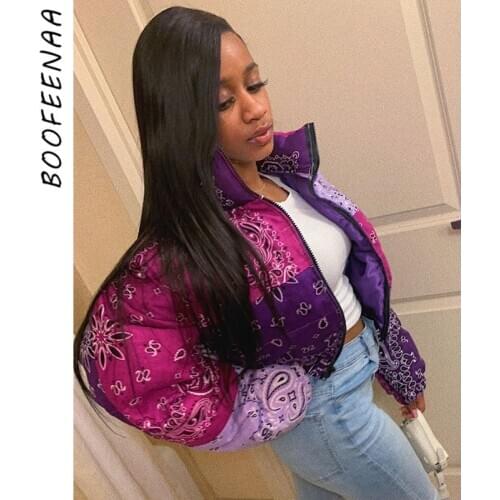 BOOFEENAA Bandana Printed Cropped Puffer Jackets Winter 2020 Fashion Zip Up Bubble Coats Woman Parkas Streetwear C98-HE48