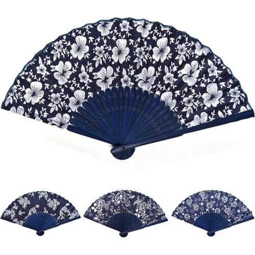 Flower Design Chinese Style Blue Fabric Hand Fan With Dyed Blue Bamboo Frame Wedding Party Favor
