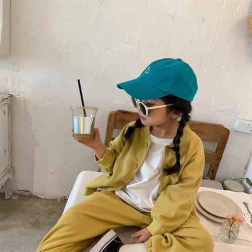 Childrens Waffle Suit 2021 Autumn New Boys and Girls Sports Style Solid Simple Long Sleeve Pants Children Casual Two Piece Set