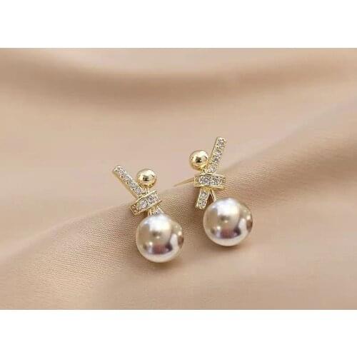 Dainty Female Crystal Bow Small Earrings Rose Gold Silver Color Stud Earrings For Women Cute Bride White Pearl Wedding Earrings