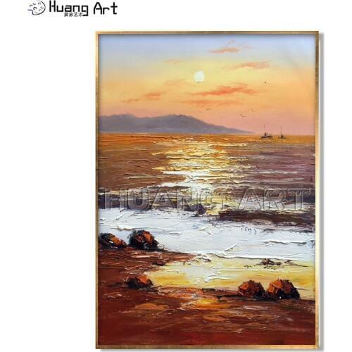 Pure Hand-painted Modern Sunrise Sky Sea Landscape Oil Painting on Canvas for Living Room Decor Knife Sea Wave Seascape Painting