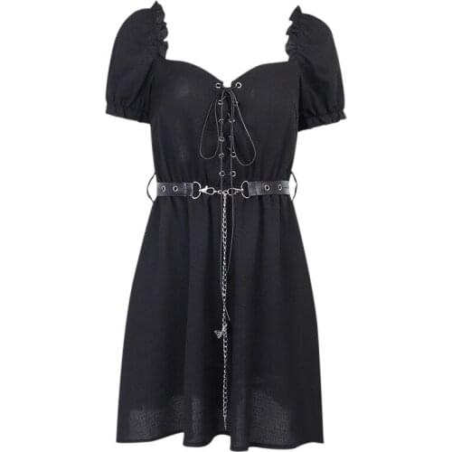 Summer New Harajuku Punk Black Mini Dress Gothic Streetwear Bandage Patchwork V-neck Vintage Female Dress Puff Sleeve Lady Dress