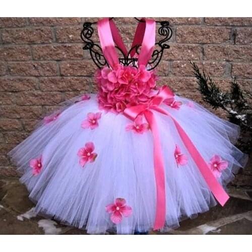 Hot Girls Pink Flower Petals Tutu Dress Kids White Tulle Dress Ball Gown with Ribbon Bow Children Birthday Party Costume Dresses