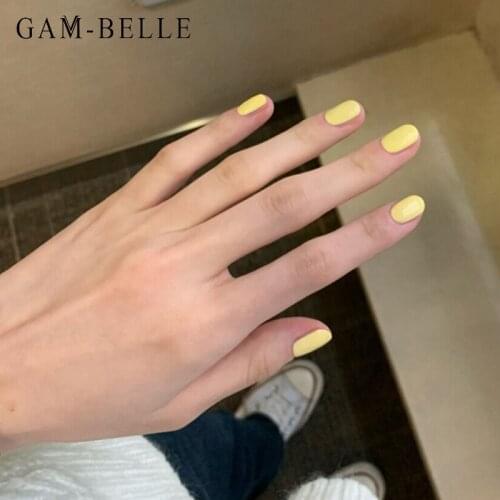 GAM-BELLE 24Pcs Yellow False Nails Short Round Head Full Cover Solid Color Artificial Press On Nails Art DIY Manicure Tool