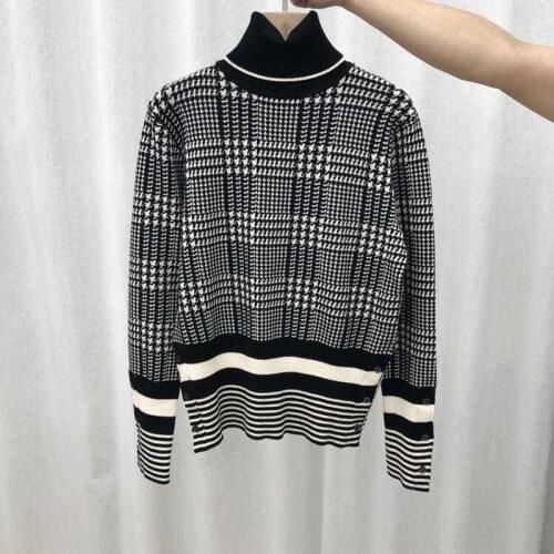 2021 Autumn and Winter New High Neck Retro Houndstooth Pattern Slim Fit Slimming Long Sleeves Pullover Bottoming Shirt Sweater