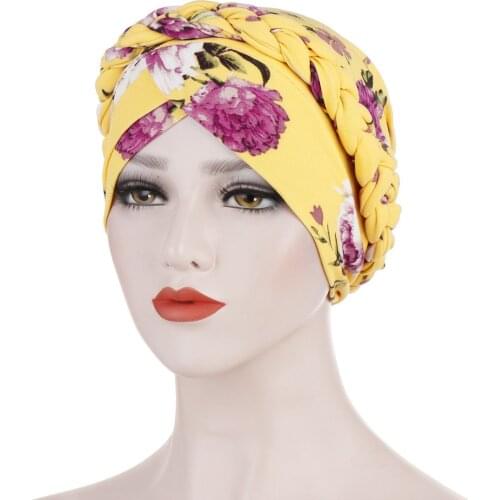 New Women Floral Braid Indian Muslim Hat Ruffle Cancer Chemo Hats Beanie Scarf Stretch Turban Head Wrap Caps gorras mujer A40