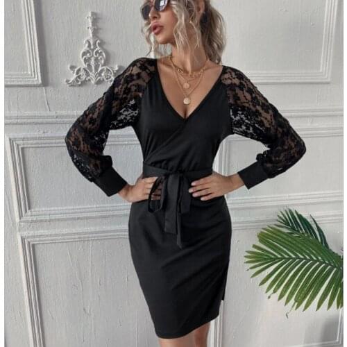 New Autumn Womens Fashion Lace Sleeve Sexy V Neck Dress With Belt Ladies Club Long Sleeve Autumn Bodycon Dress