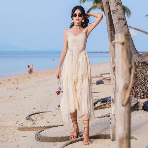 DUISNENA boho dress summer v-neck strap sleeveless women dresses sexy lace irregular layered ruffled hollow out robe vestidos