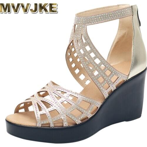 MVVJKE2020 Rhinestone Women Sandals Platform Wedges High Heels Sandals Fashion Hollow Out Open Toe Summer Women Shoes