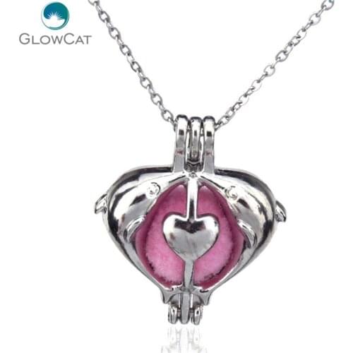 K14 Silver Lovely Dolphin Heart Diffuser Locket Necklace Aromatherapy Steel 16" Aroma Essential Oil Diffuser Locket