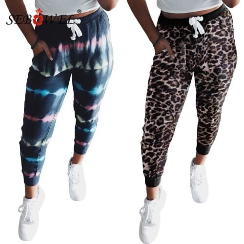 SEBOWEL High Waist Tie Dye Print Drawstring Waist Jogging Pants for Women Female Casual Sport Pants Ladies Trousers with Pockets