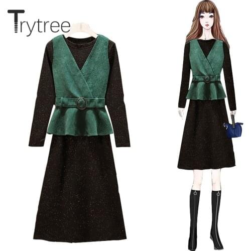 Trytree 2020 Autumn Winter Two piece set Casual V-neck Belt Vest Top + Elastic Dress Solid Fashion Office Lady Set 2 Piece Set