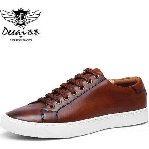 DESAI Men Shoes Genuine Leather Brand White Casual Walking Shoes For Men Laces Up Summer Breathable Luxury Original Brown Formal