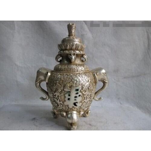 USPS to USA S2820 Tibet White Copper Silver Buddhism longevity Elephant God incense burner Censer
