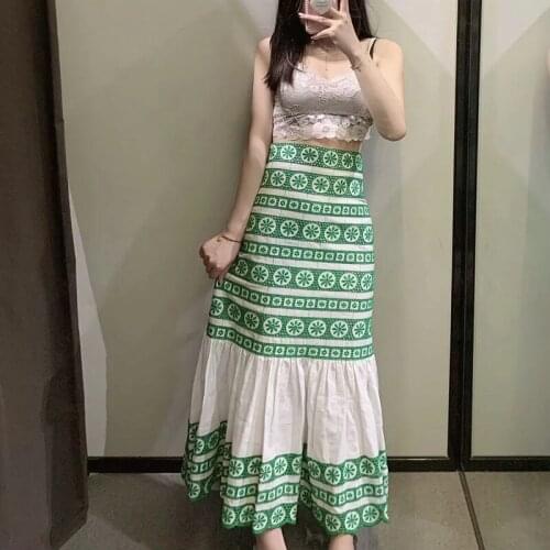 Women Chic Fashion Patchwork Hem Skirts 2021 Floral Embroidered Midi Skirt Vintage High Waist Zipper Female Skirts Streetwear