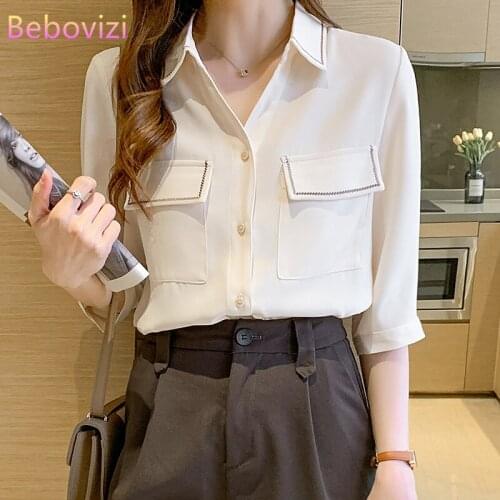 2021 New White Korean Fashion Pocket Turn-down Collar Summer Chiffon Casual Office Lady button up Shirt Tops for Women