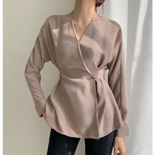 Woman Lace Up Blouses Spring V Neck Top Long Sleeve Khaki Female Shirt Vintage Blouse Women Tunic Elegant Girls Office Blouses