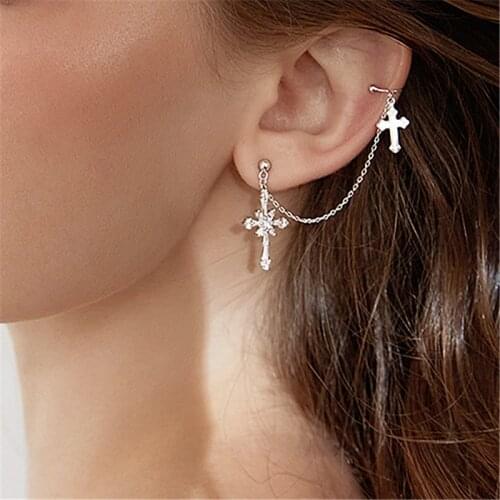 1PC Trendy Cross Zircon Stud Earrings For Women Punk Statement Chain Small Clip Earrings Vintage Charms Shiny Simple Ear Cuffs
