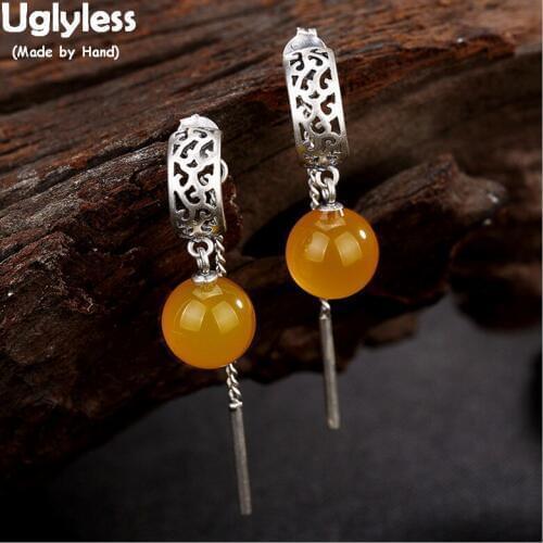 Uglyless S 925 Sterling Fine Silver Jewel Natural Chalcedony Balls Drop Earrings Dual Wearing Ethnic Women Brincos Pearls Bijoux