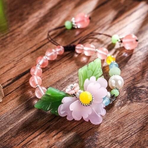 Boho Lampwork Peony Flower Leaf Bracelet For Women Ethnic Pink Stone Bracelet Pulseras Mujer Summer Beach Vocation Jewelry