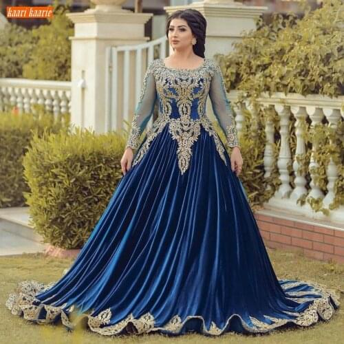 Sexy Royal Blue Wedding Gowns 2020 Gold Lace Appliqued Luxury Wedding Dress Long Sleeves Arabic Custom Made Bridal Dresses Party