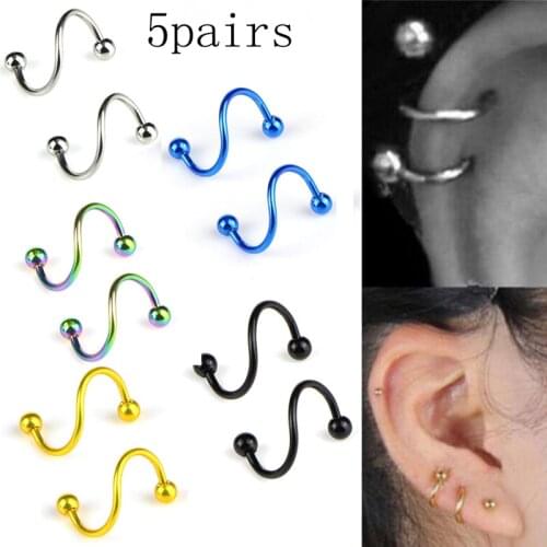 10pc/5pair S Shape Surgical Steel Spiral Twisted Lip Ring Nose Rings 16 Gauge Ear Cartilage Helix Piercing Body Accessories