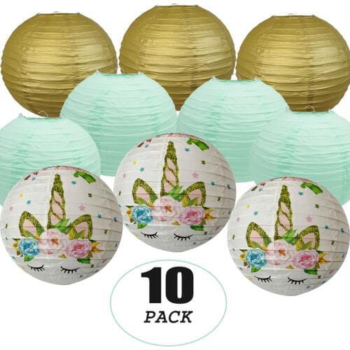 10 Pcs/set Mint Green Gold and Unicorn Paper lantern(10"/25cm) lampion for Babyshower Birthday Party Unicorn Theme Hanging Decor