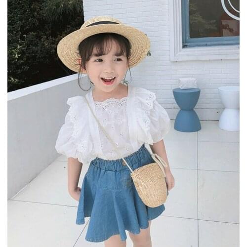 2021 Fashion Toddler Girl Clothing Flower Lace Puff Short Sleeve Top White Blouse+Denim A-line Skirt Summer Outfits Set 2pcs