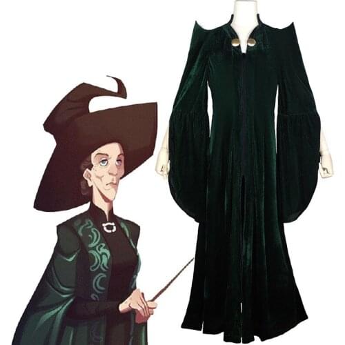 Velvet Cloak Halloween Carnival Costume (In Stock) High Quality Professor Minerva McGonagall Cosplay Costume Green Dress Cape