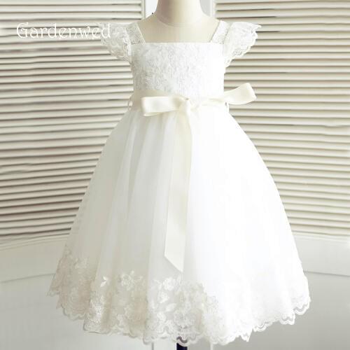 Gardenwed 2019 White Lace Flower Girl Dresses Cap Sleeves Ribbon Little Girls Kids/Children Dress for Wedding