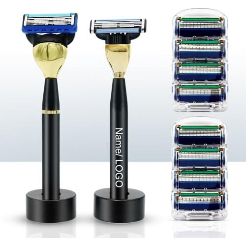 Mens Simple Safety Razor Manual Shaving Razor Cool Black Handle 3/5-layer Blade Shaver Replacebale Blades Razor Gift with base