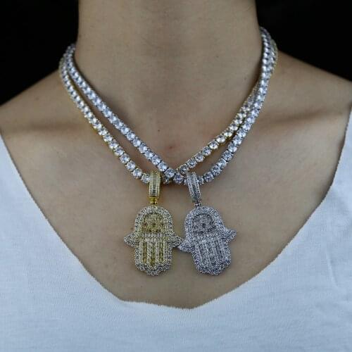 Iced Out Gold Silver Color Hand Pendant Necklace With 5A cz paved tennis chain necklace Hip Hop Charm Jewelry Gift For Men Women