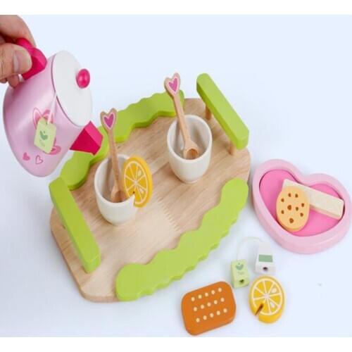 Natural Wooden Beech Tea Set (12pcs) Kids Children Kitchen Party Role Play Toy Xmas Gift - Coffee Cup Saucer Salver Set