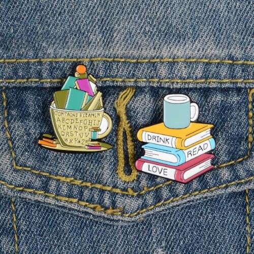Drink Read Love Enamel Pin Books Coffee Custom Brooch Backpack Clothes Lapel Pin Cartoon Badge Reading Jewelry Gift for Friends