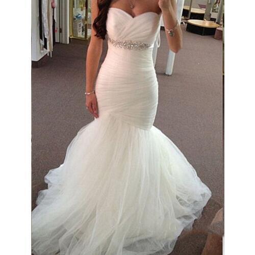 JIERUIZE White pleat tulle Mermaid Wedding Dresses Sweetheart Crystal Lace Up Back Bride Dresses Wedding Gowns