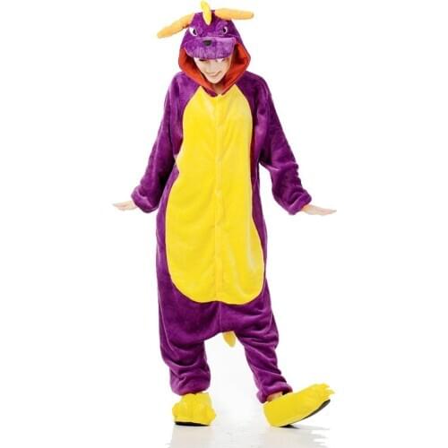 Cosplay Kigurumi Adult Pajamas Purple Dinosaur Dragon Onesies Winter Hooded Jumpsuit Halloween Costumes For Women Men Sleepwear