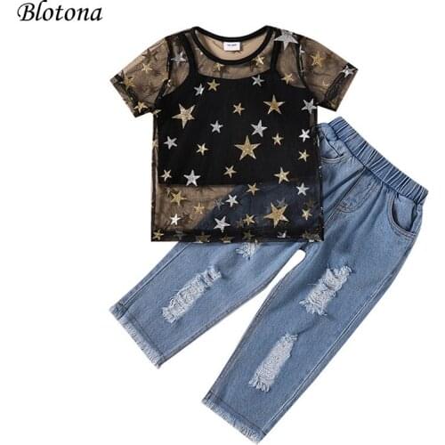 Blotona Little Girl Summer Clothes Set Star Print Perspective Short Sleeve O-neck Tops +Ripped Long Jeans with Tassels, 0-5Years