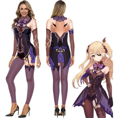 Game Genshin Impact Fischl Cosplay Costume One-Piece Bodysuit Womens Jumpsuit Halloween Party Outfit