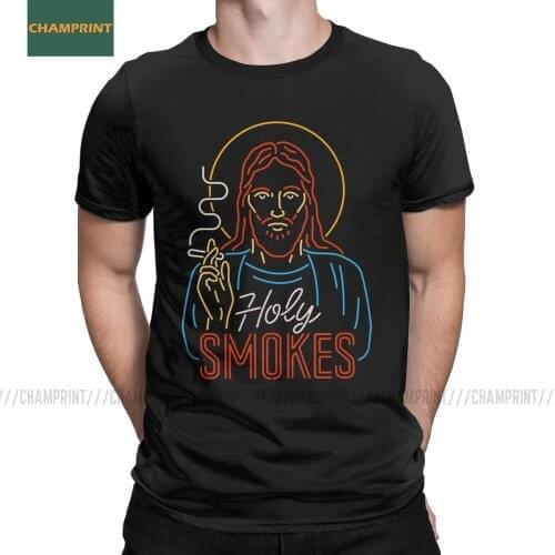 Men T-Shirts Holy Smokes Jesus Humor 100% Cotton Tee Shirt Short Sleeve Parody God Holy T Shirts Round Collar Clothes Summer