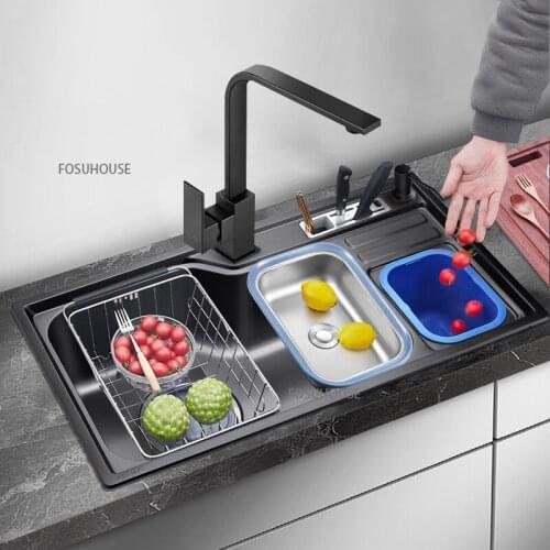 Nano Multifunctional Sink Single Trough 304 Stainless Steel Large Trough Dish Washing Basin Faucet Accessories Kitchen Sinks