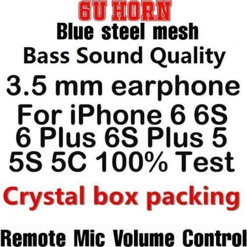 High quality 100pcs/lot 3.5mm In-ear 6U Horn Steel Mesh earphone headset with Remote Mic Volume Control for iphone se 5 6 6s