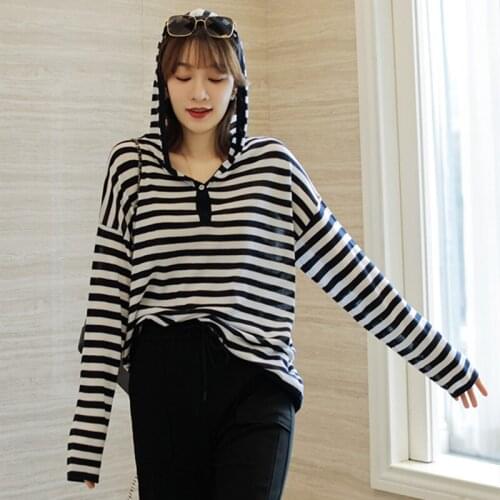 Spring and autumn new ultra-thin 100% pure fine woolen sweater womens striped pullover hoodie loose lazy sweater Korean sweater